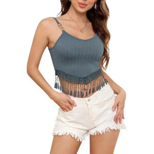 Women's Blue Summer Top Fringe Hem Spaghetti Strap Chain Linked Sexy Tank Shirt